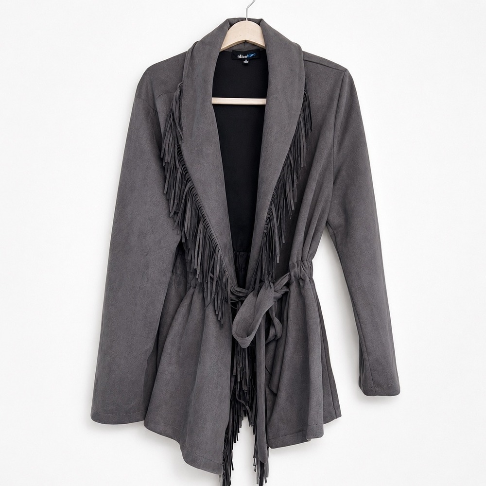 Alice‎ Blue Gray Faux Suede Fringe Jacket Cinched Waist XL J44148